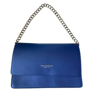 Viola Castellani Italy Navy Blue Leather Flap Over Gold Chain Clutch Purse
